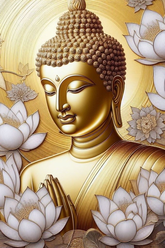 Golden Buddha surrounded by lotus flowers
