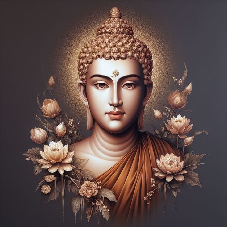 Golden Buddha portrait with lotus flowers