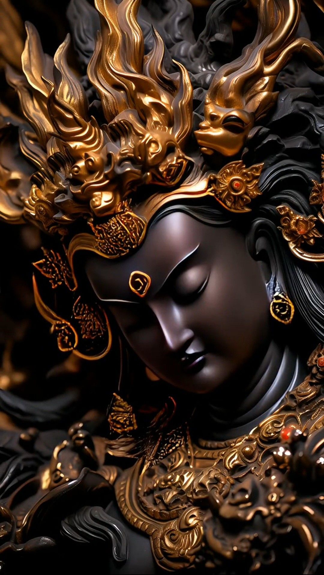 Golden Buddha serene face, peaceful meditation.