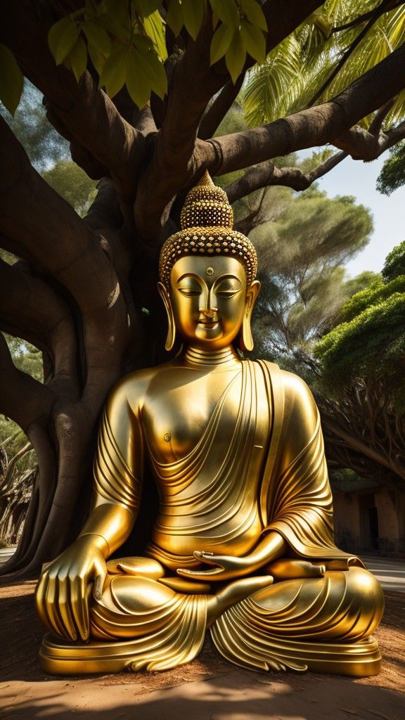 Golden Buddha statue meditating peacefully.