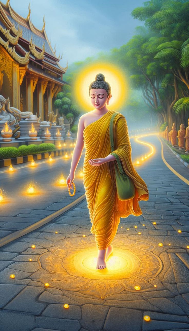 Buddha walking a luminous path.