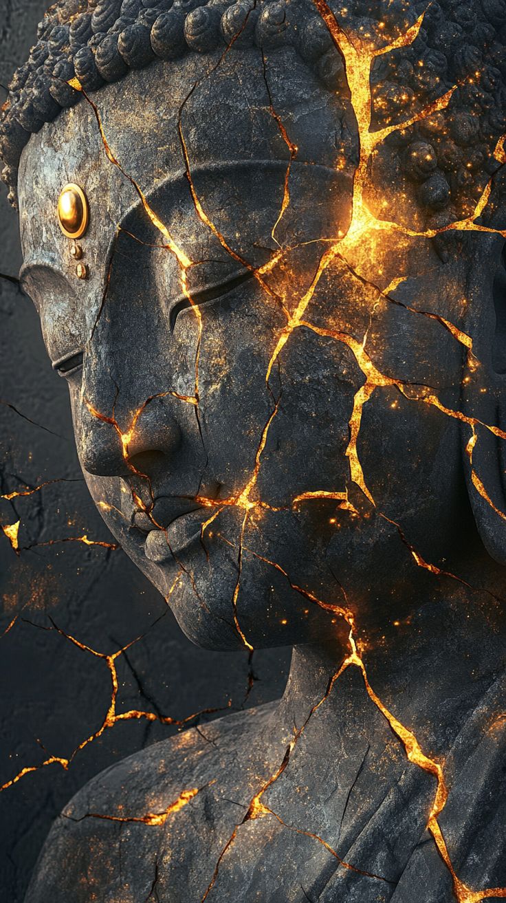 Buddha statue with golden light cracks