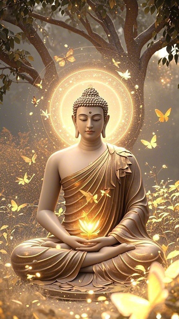 Buddha meditating under golden light.