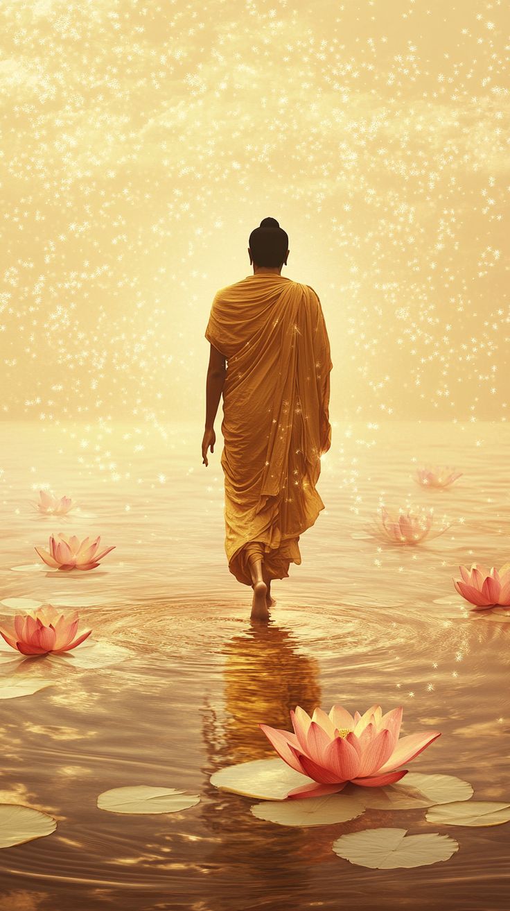 Buddha walks on lotus-filled water