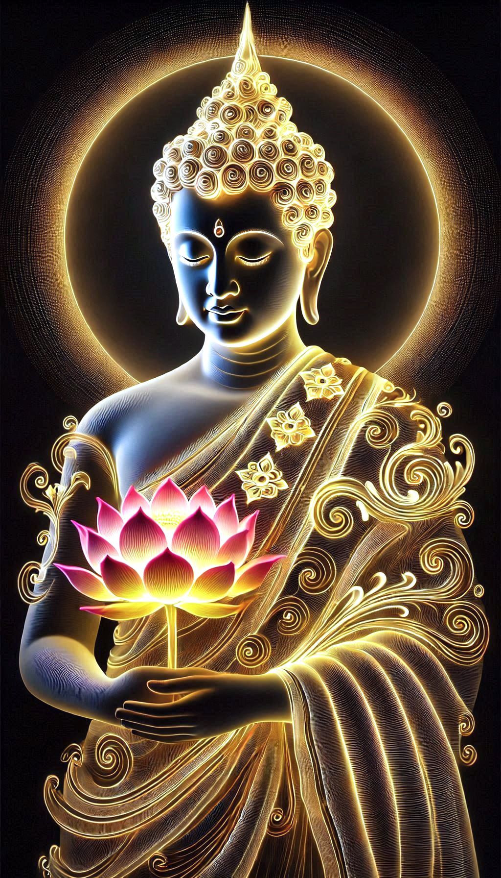 Meditating Buddha with golden lotus flower