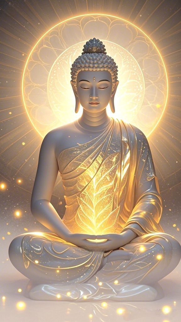 Buddha meditating in golden light