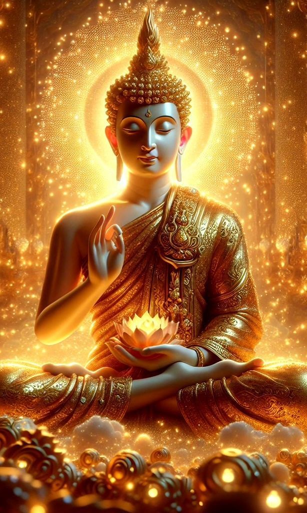 Buddha meditating with a lotus flower.