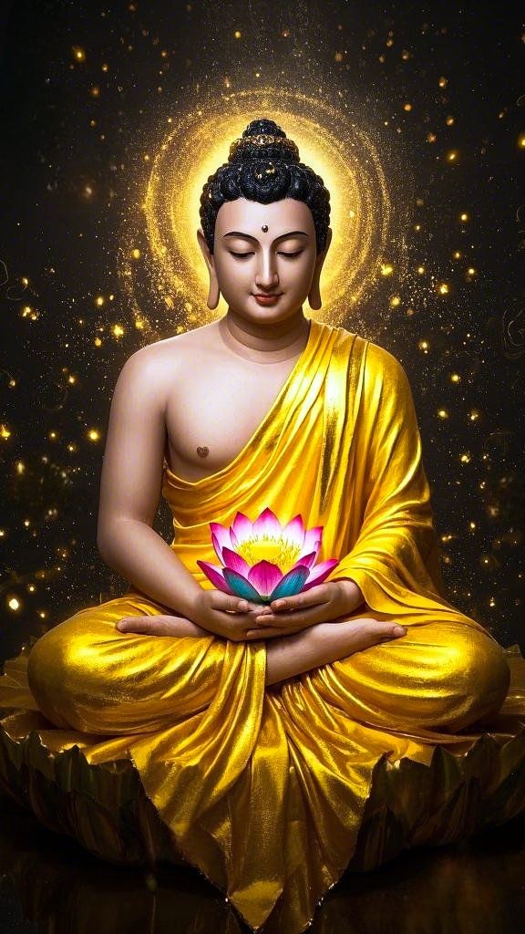 Buddha meditating with a lotus flower