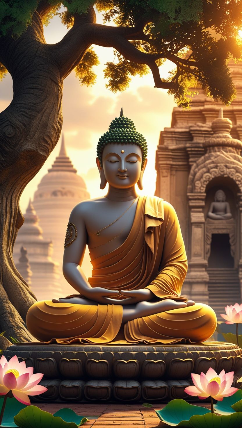 Buddha meditating beneath a Bodhi tree