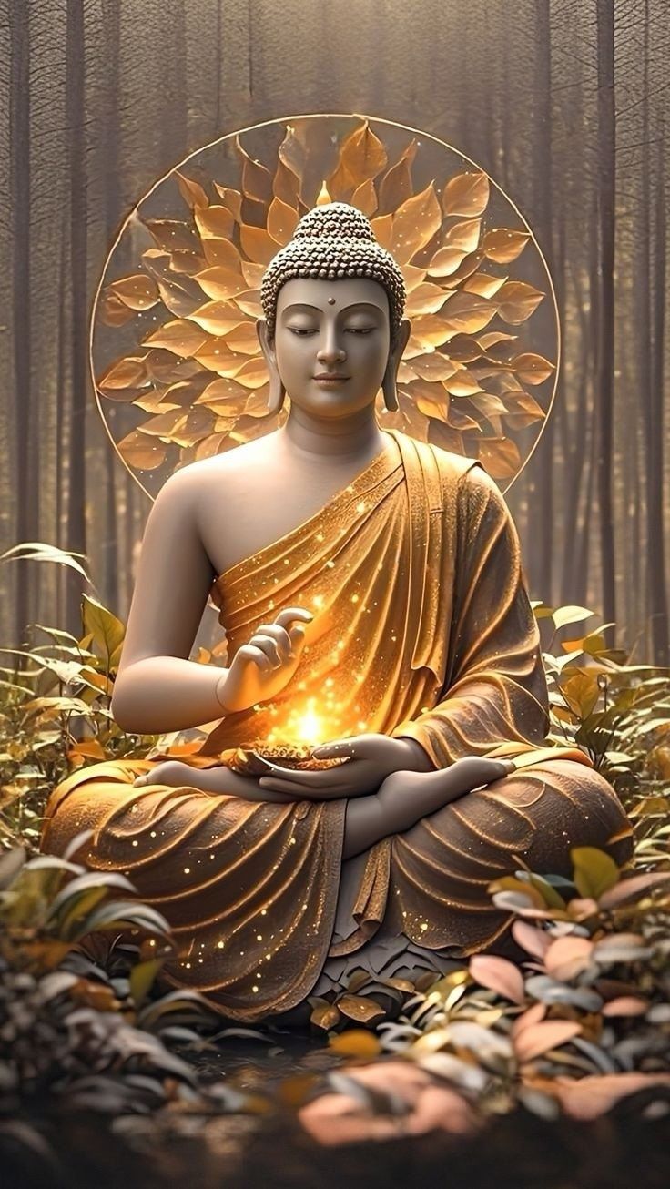Buddha in meditative pose, golden light
