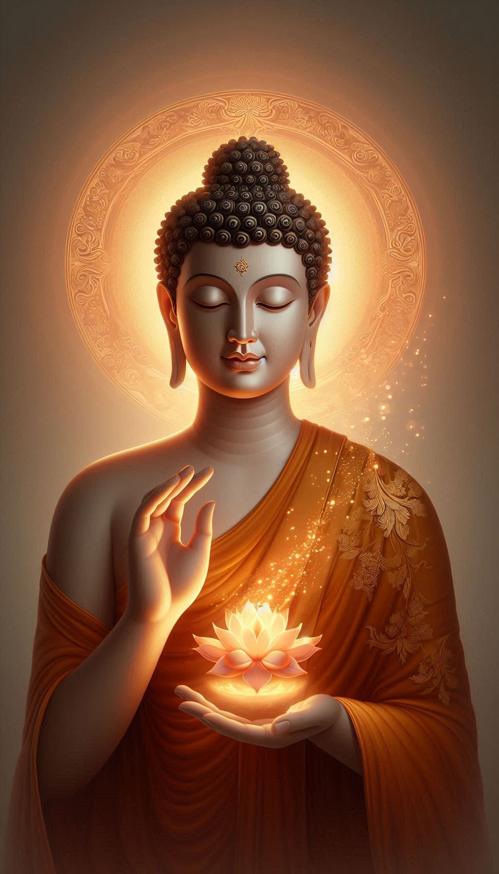 Buddha with lotus flower in golden light