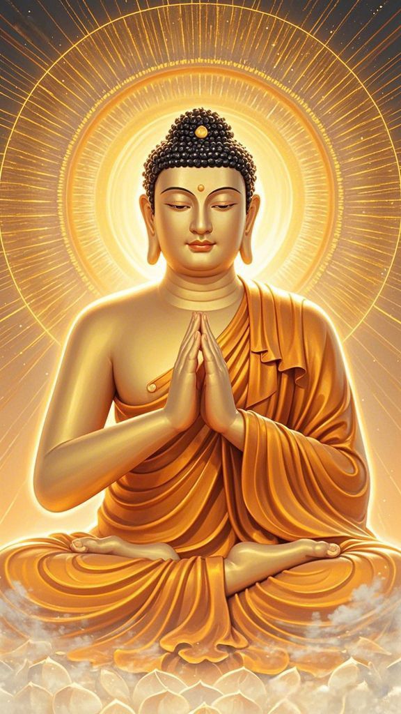 Buddha meditating in golden light.