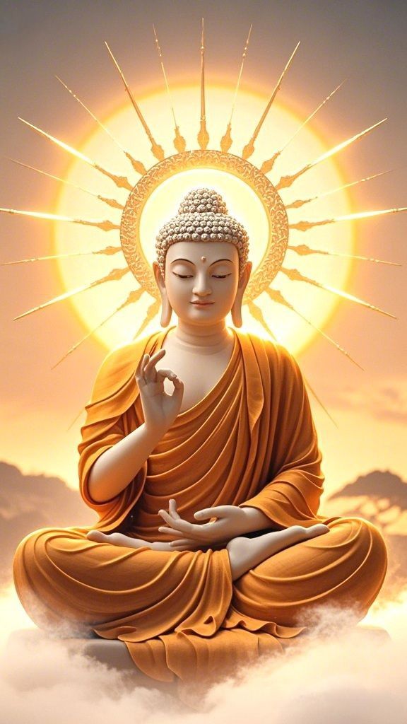Buddha meditating in golden light.