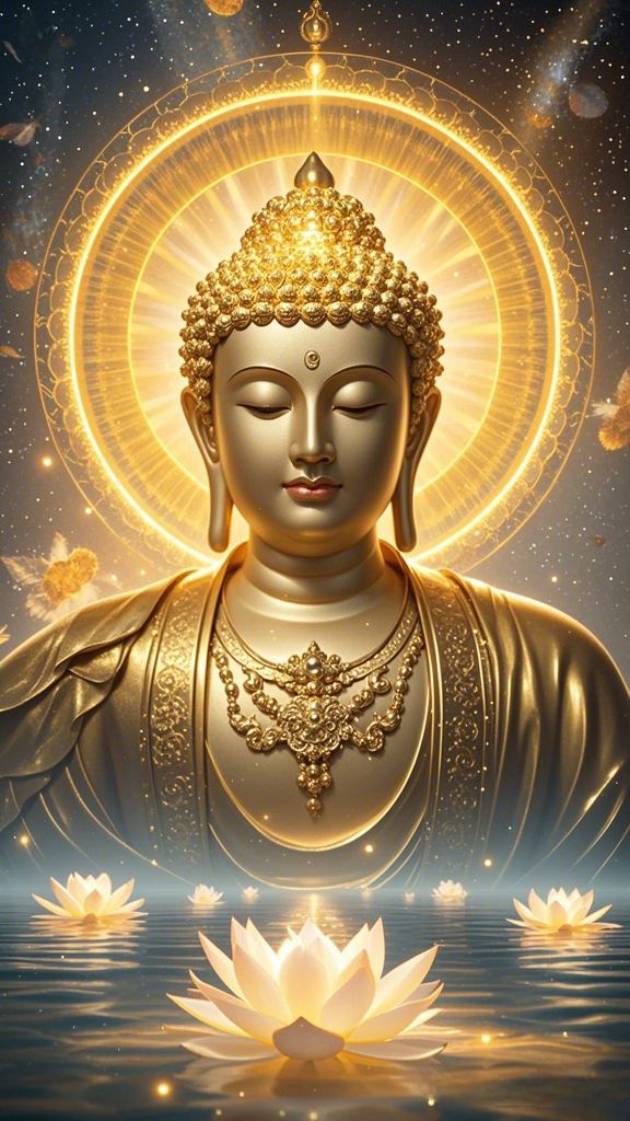 Golden Buddha meditating amongst lotus flowers