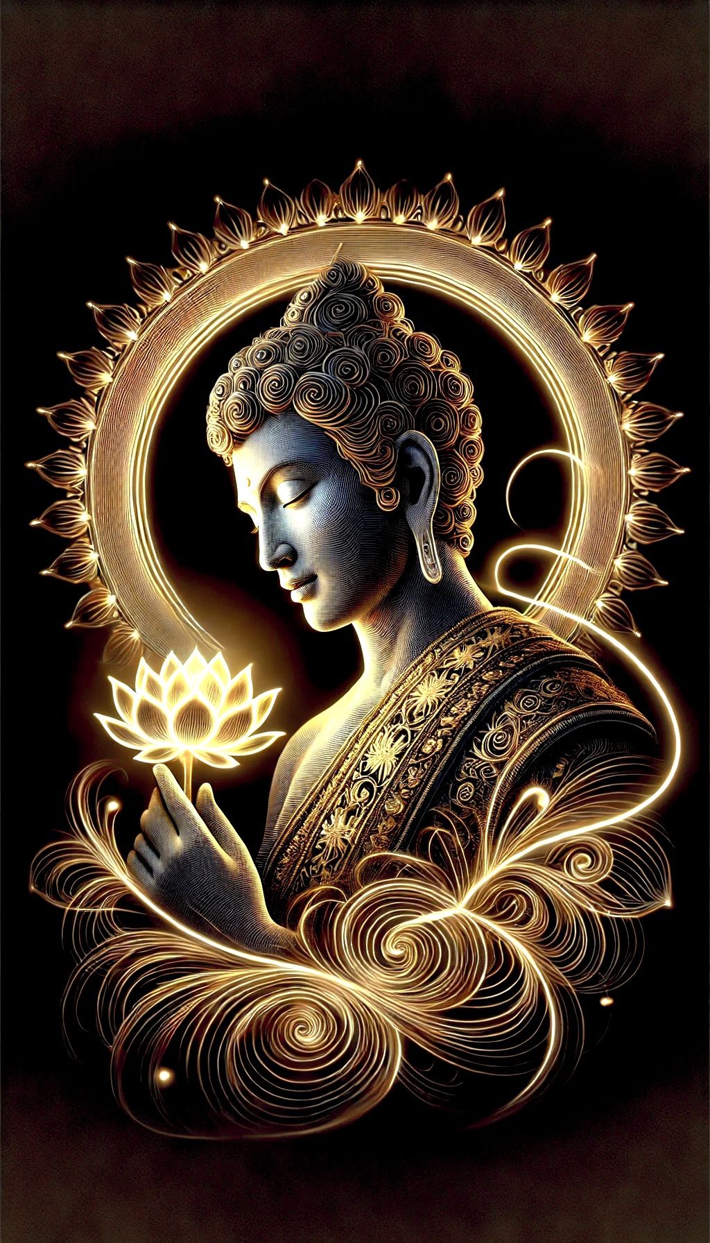 Serene Buddha with golden lotus flower