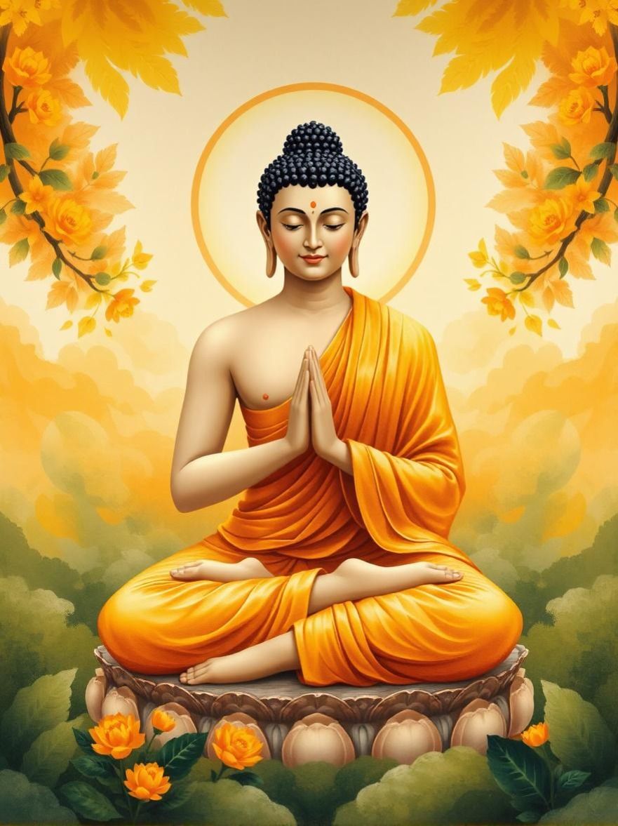 Buddha meditating amidst golden flowers