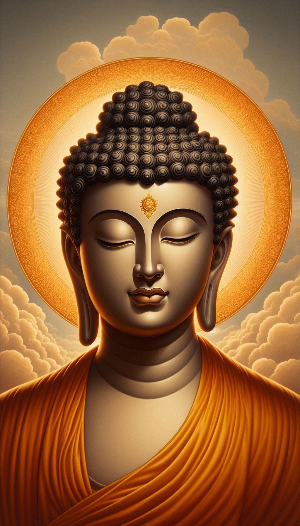 Peaceful Buddha portrait radiates golden light