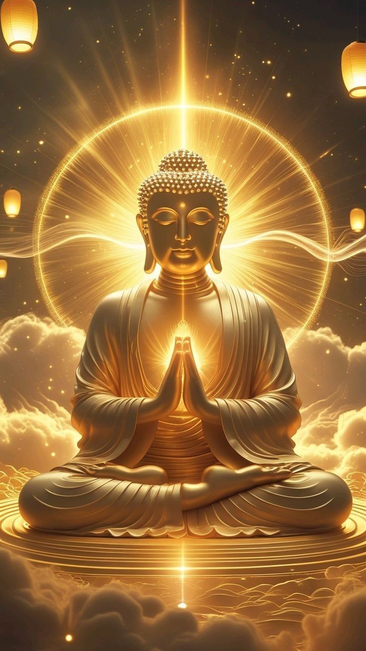 Buddha meditating in golden light