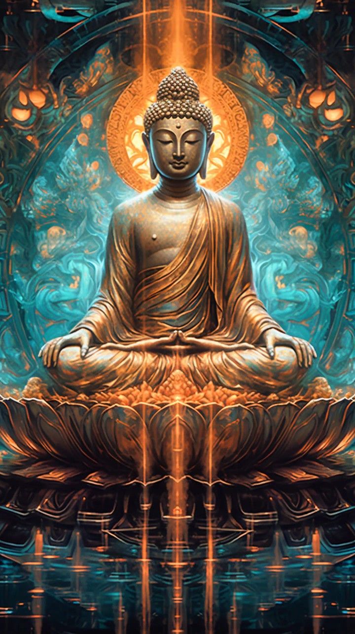Buddha meditating in golden radiance.