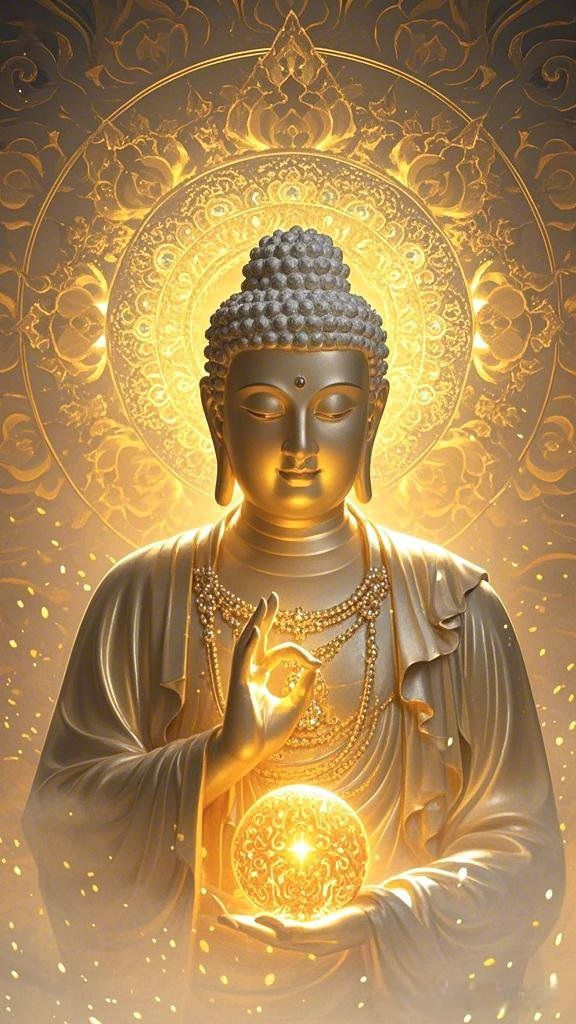 Buddha in golden, radiant meditation pose