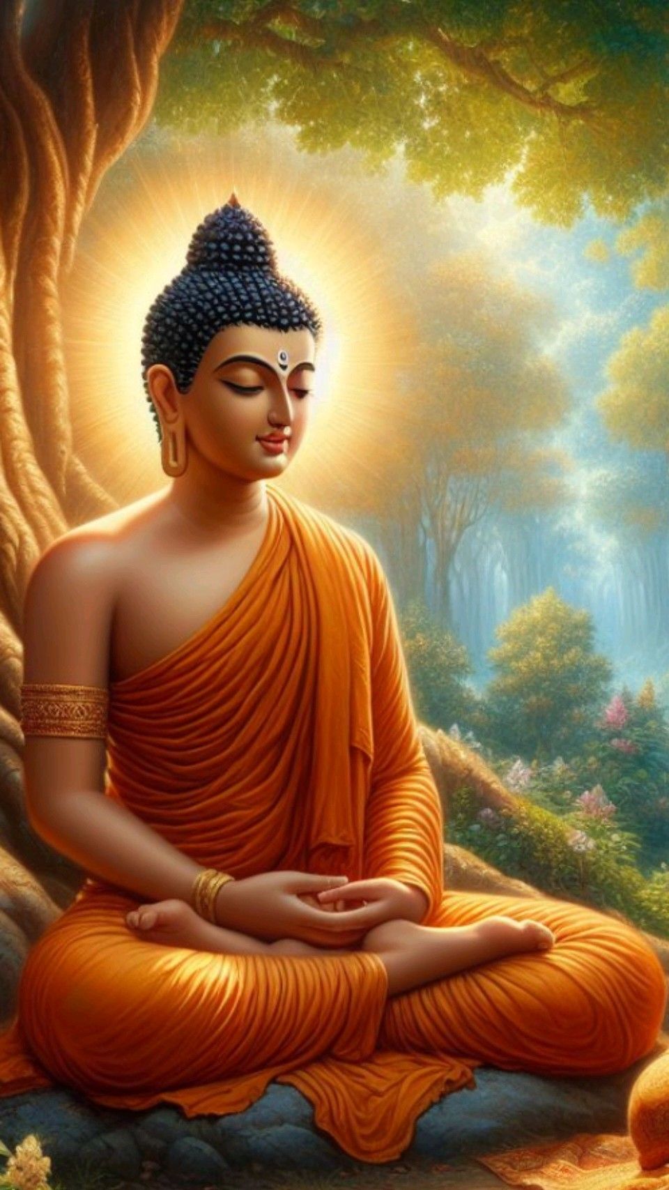 Buddha meditating in a golden forest