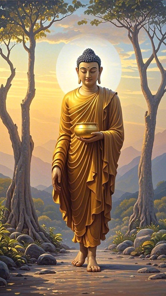 Buddha stands serenely in golden light.