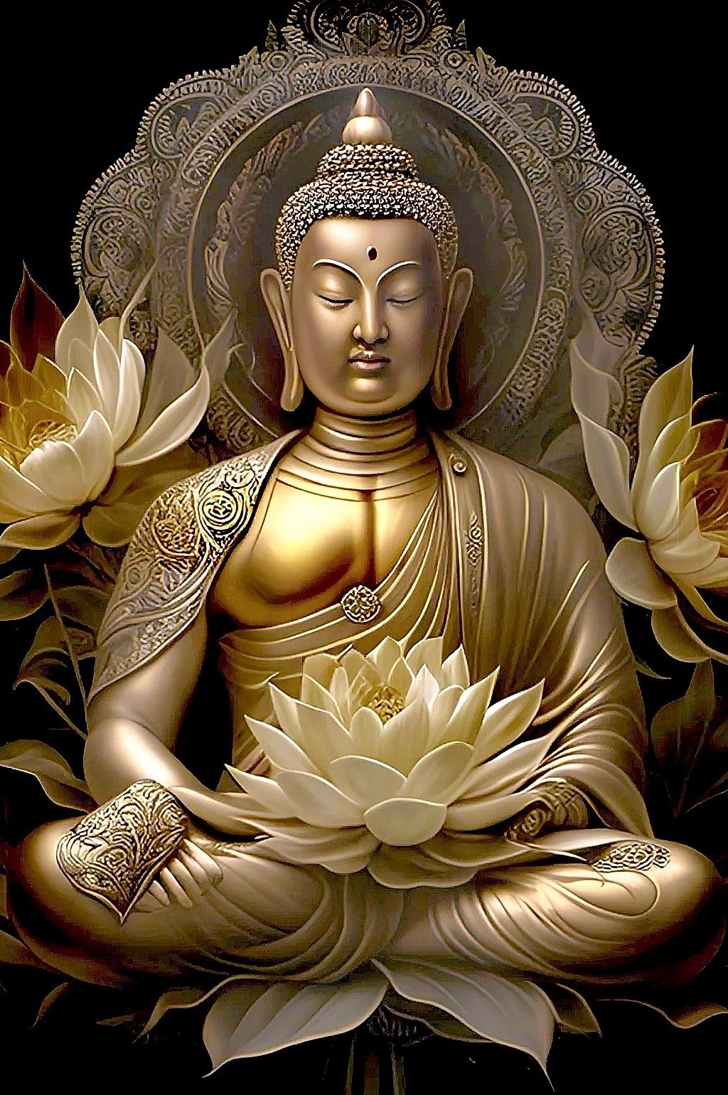 Buddha meditating amidst lotus blossoms