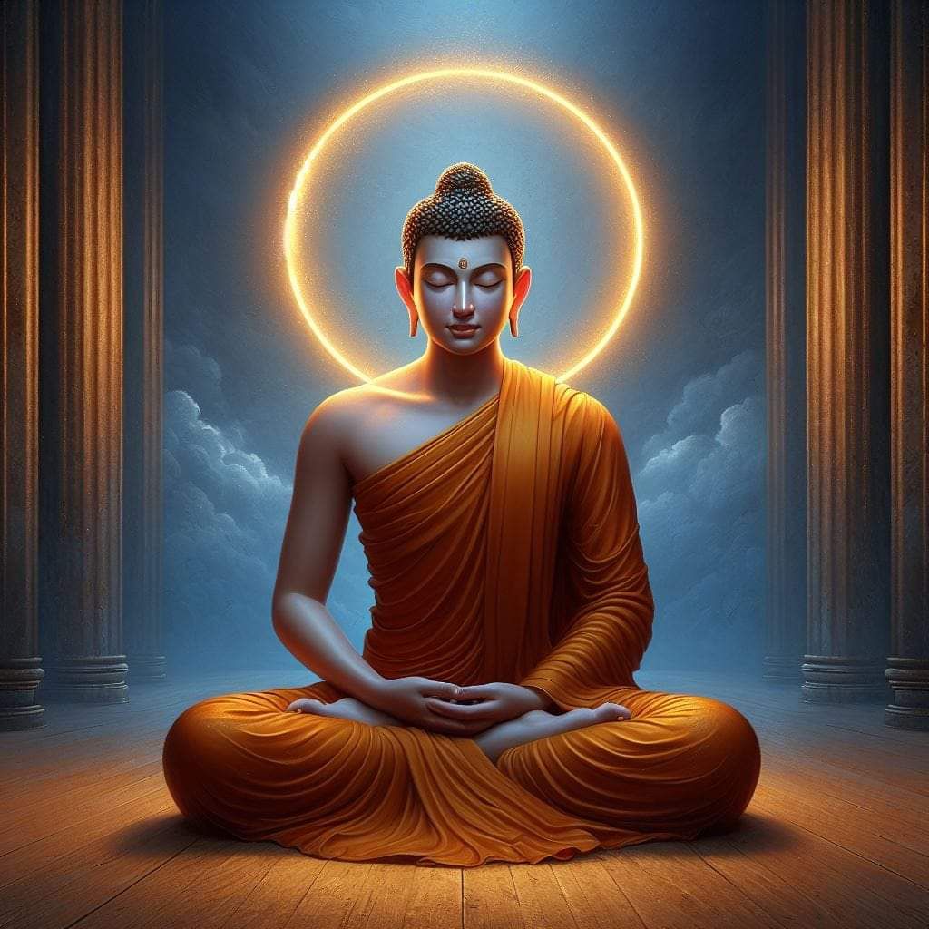 Buddha meditating in golden light