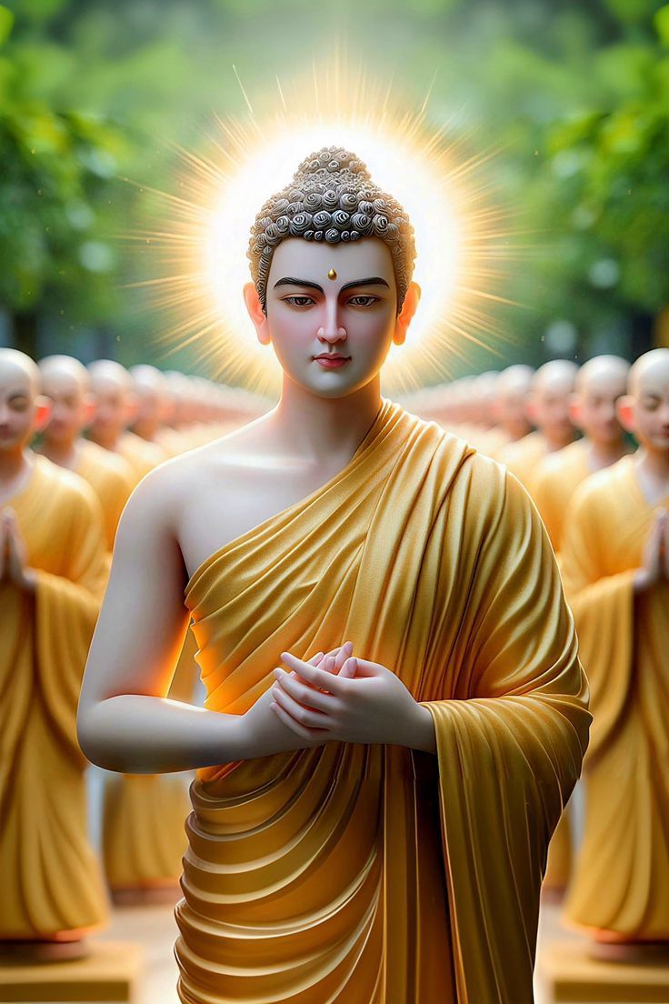 Buddha surrounded by peaceful monks