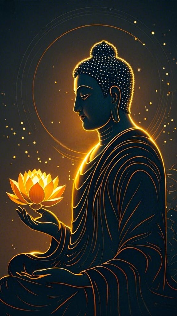 Buddha holding a glowing lotus flower.