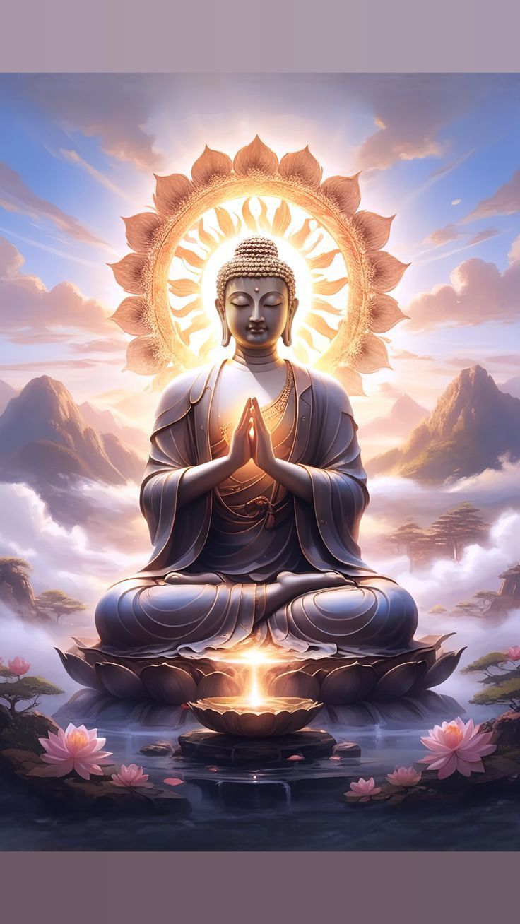 Buddha in meditative pose with golden halo