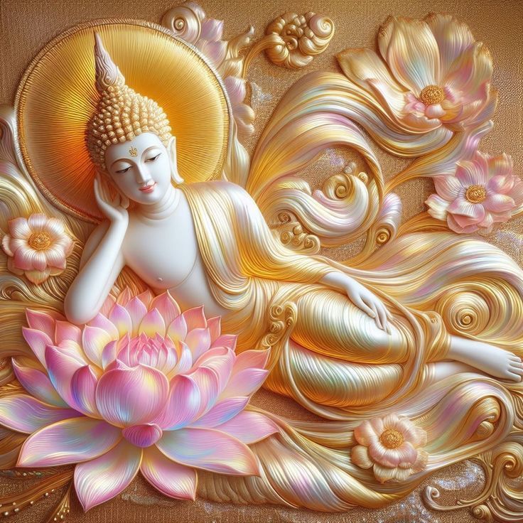 Golden Buddha reclining on lotus flowers