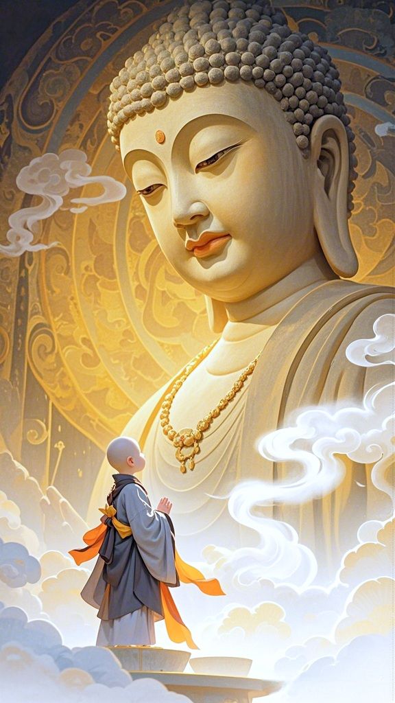Buddha with a praying monk.