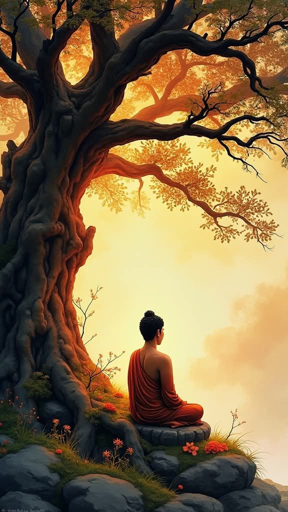 Buddha meditating under Bodhi tree sunset