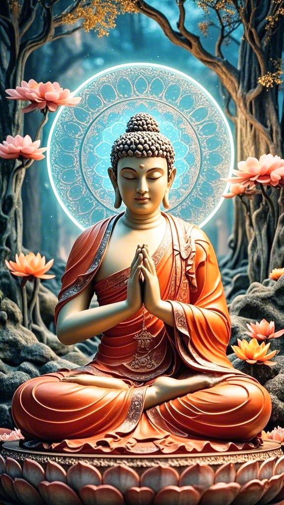 Buddha meditating amidst lotus blossoms