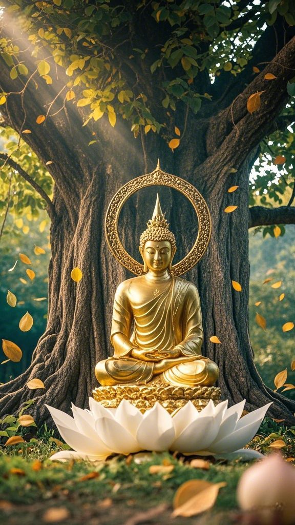 Golden Buddha meditating under a tree