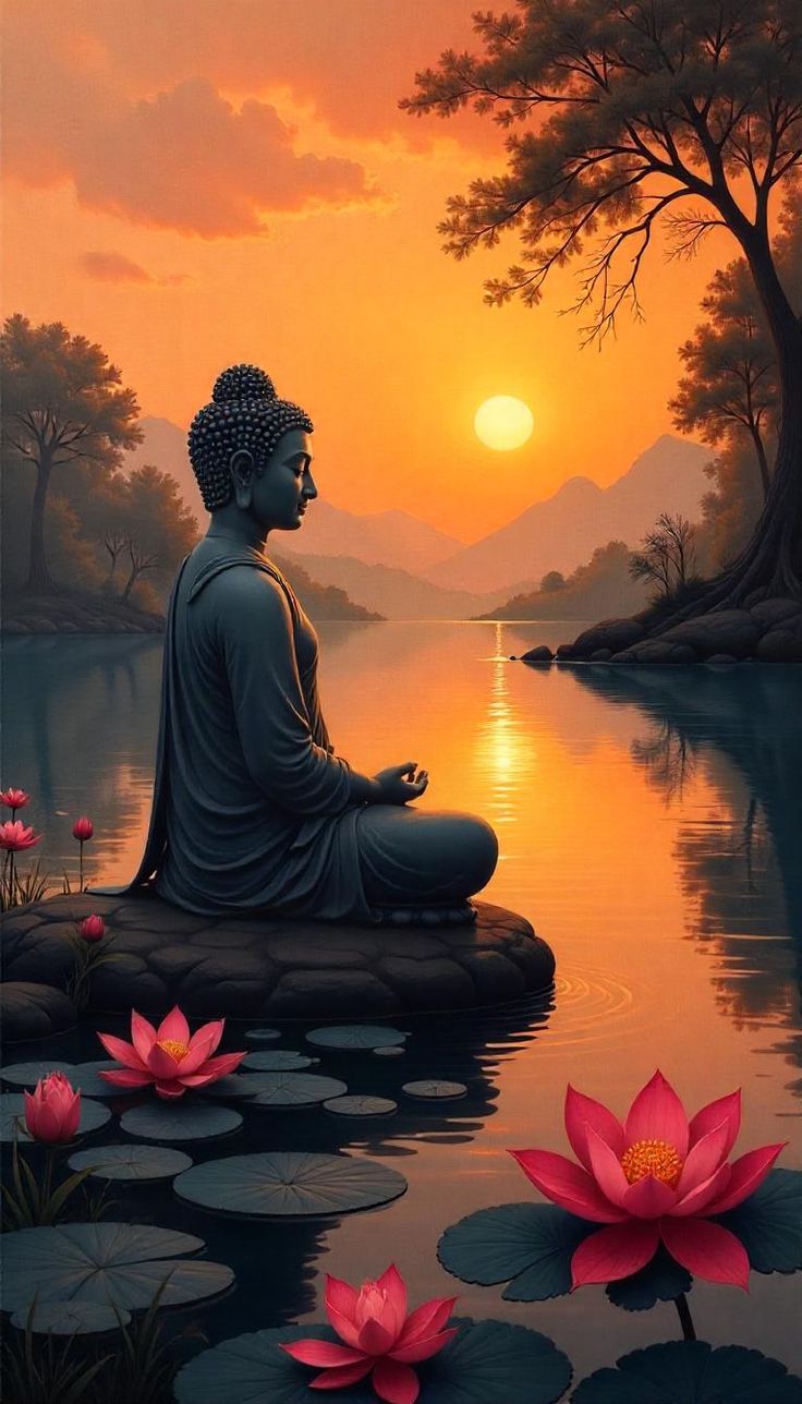 Buddha meditating at sunset with lotus.
