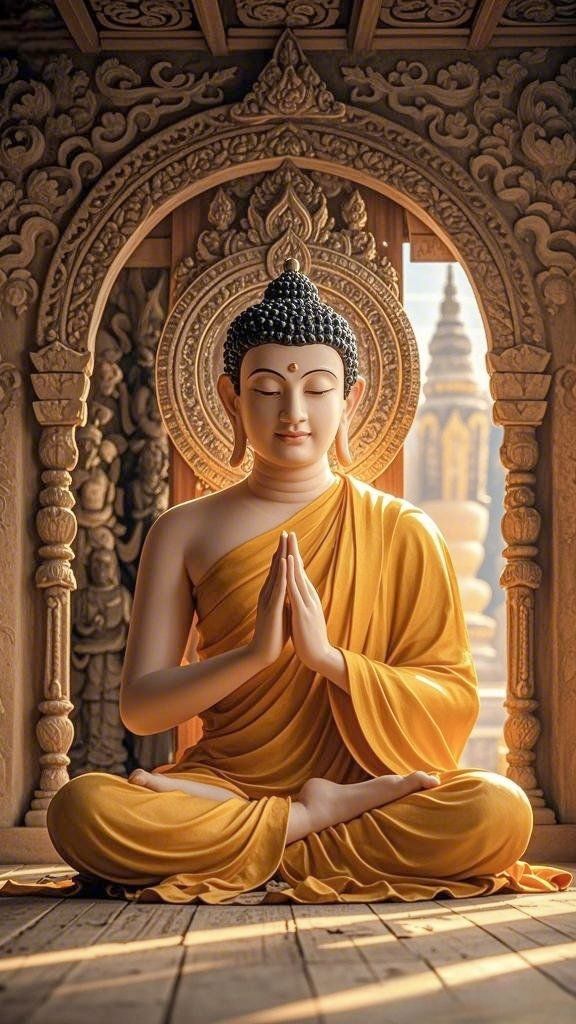 Meditating Buddha within ornate temple doorway