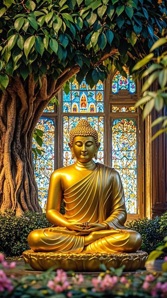 Golden buddha statue meditating under tree