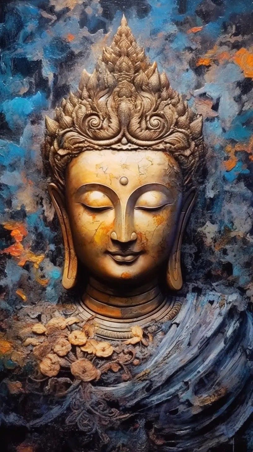 Serene golden Buddha face portrait art