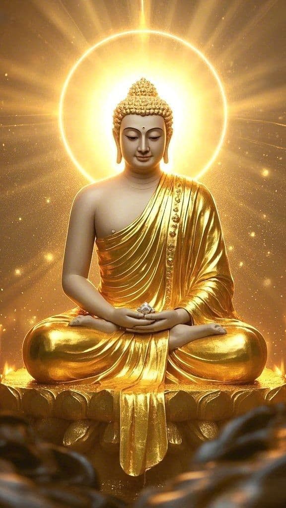 Buddha meditating in golden light.