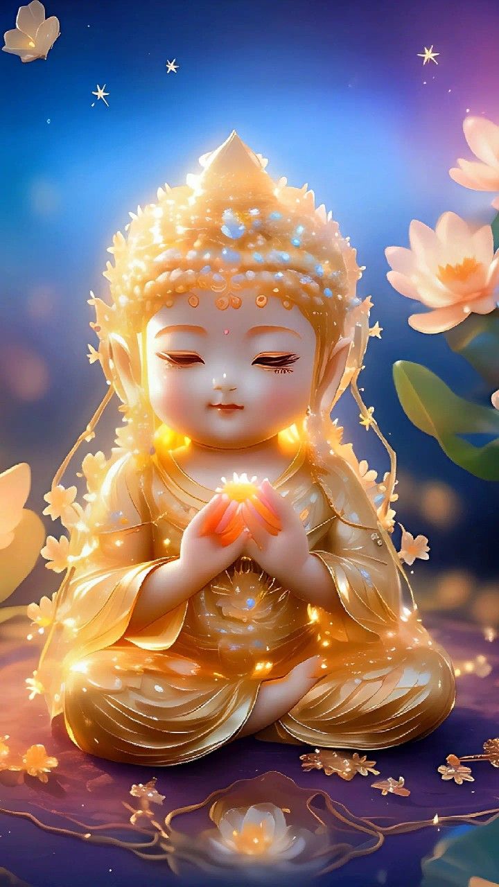 Golden Buddha meditating with lotus flower.