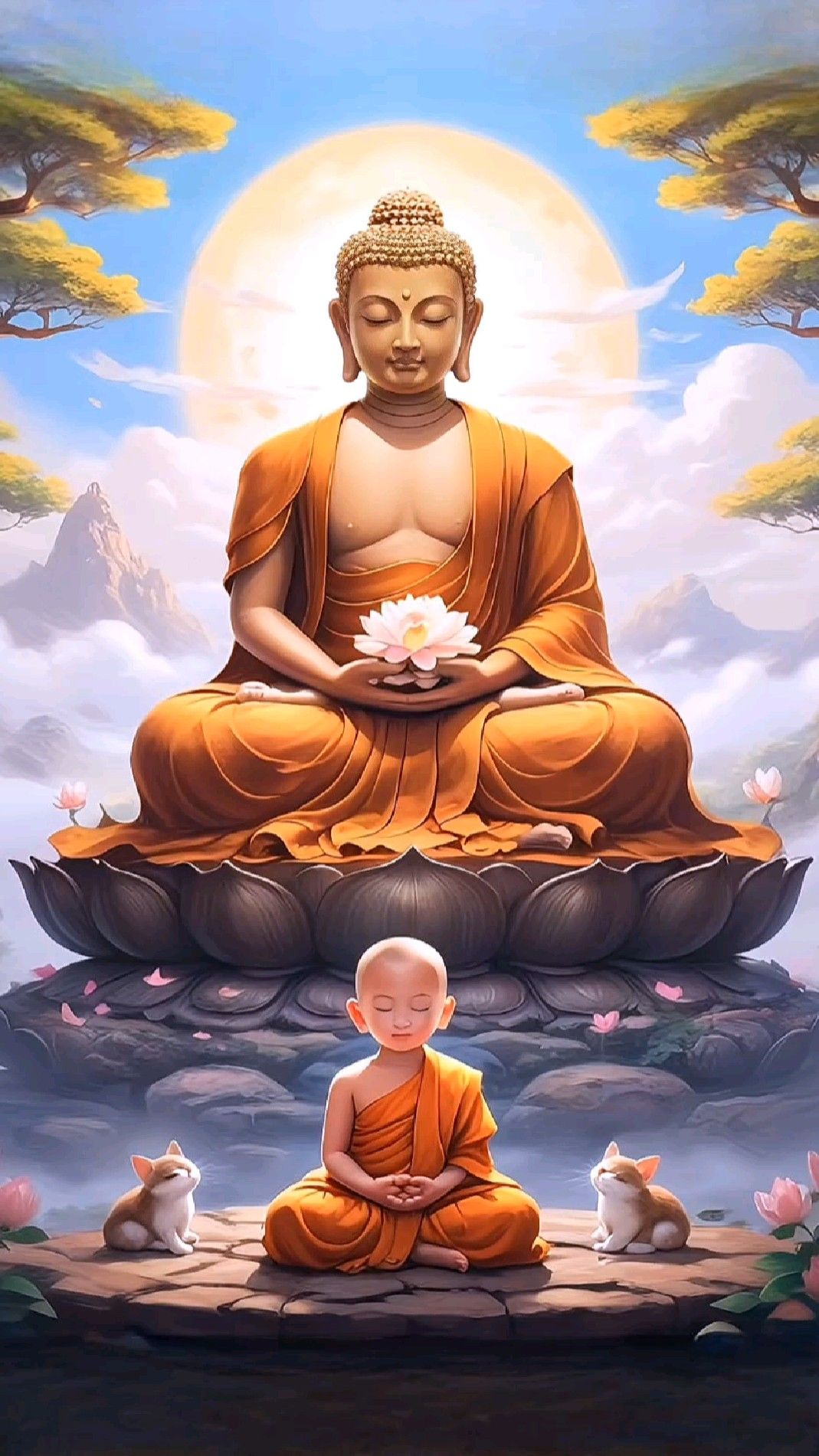 Buddha meditating with a young monk.