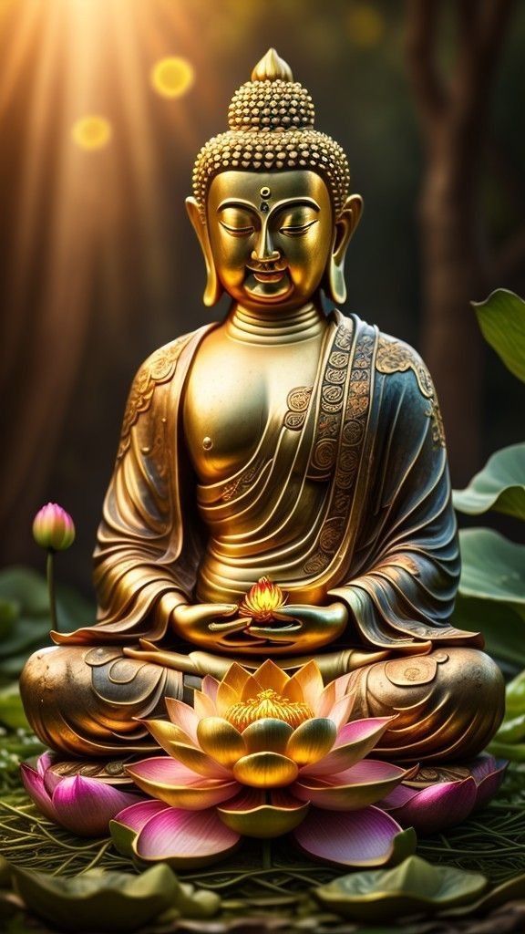 Buddha meditating on a lotus flower.
