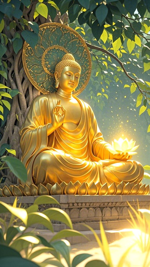 Golden Buddha meditating with a lotus