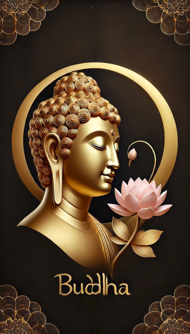 Golden Buddha with pink lotus flower