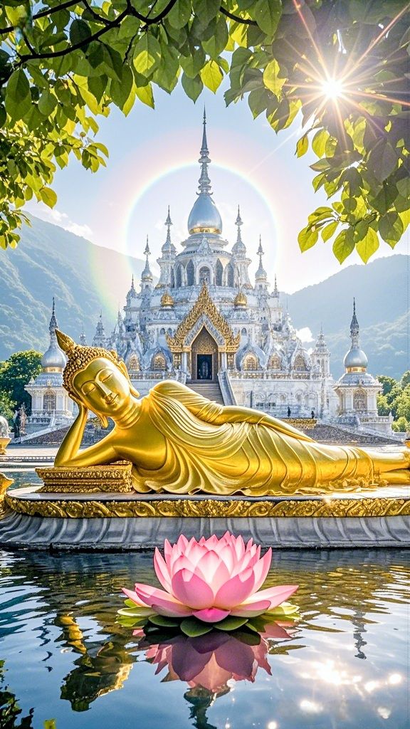 Golden Buddha reclining by temple