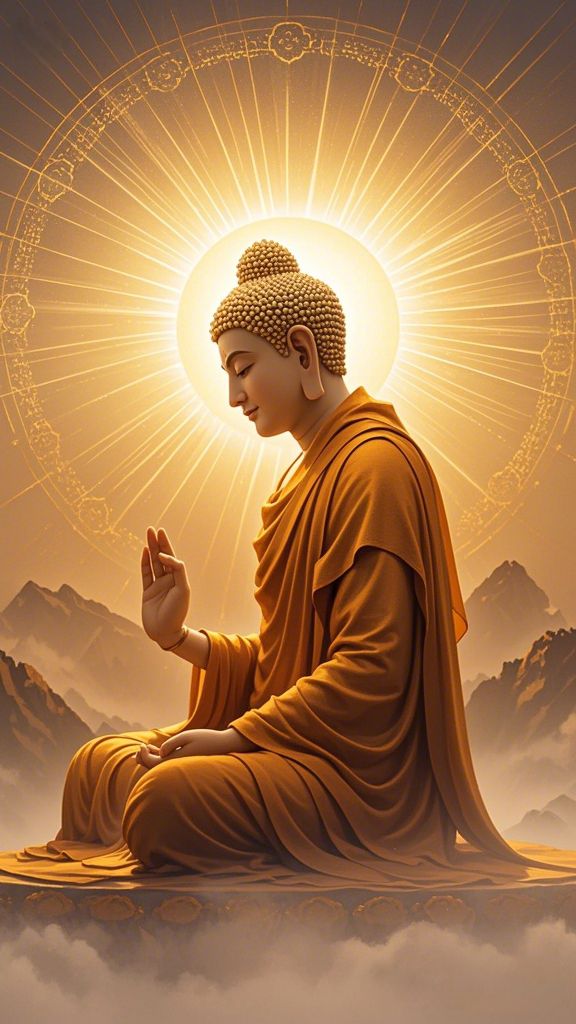 Buddha meditating in golden light