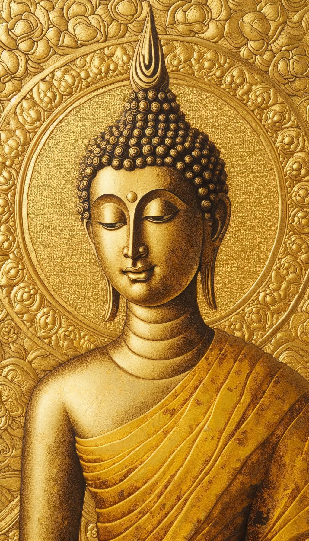 Golden Buddha portrait, peaceful expression.