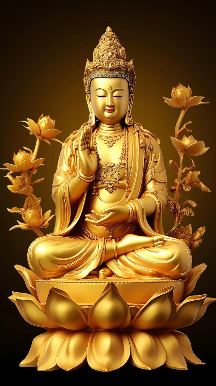 Golden Buddha meditating amidst lotus blossoms